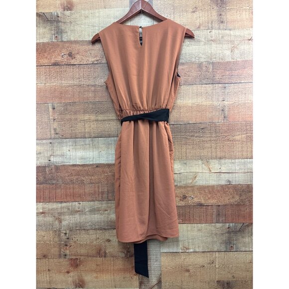 Zara Basic Brown & Black Sleeveless Midi Dress With Tie Waist - Picture 4 of 8